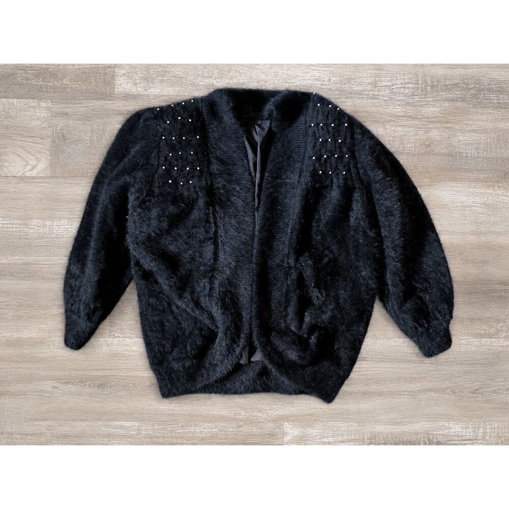 Vintage Connie A. Lee 80% Angora Black Jacket Dynasty Fashion Rhinestone